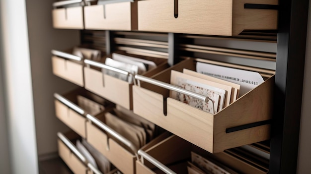 A Photo of a Organized Mail Sorter with Slots for Incoming and Outgoing Mail