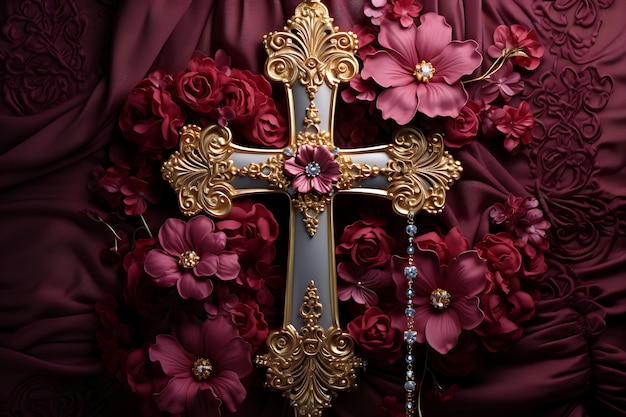 Photo photo of ornamental gold cross with rich tapestry background embellis bg concept worship easter