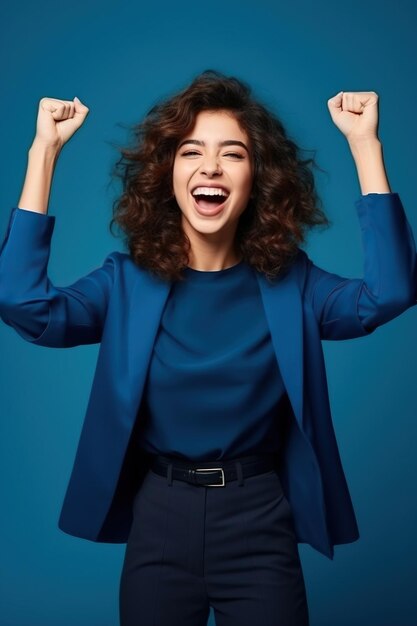 Photo of overjoyed cheerful woman dressed stylish clothes celebrate success raise hands fists isolated on dark blue color background