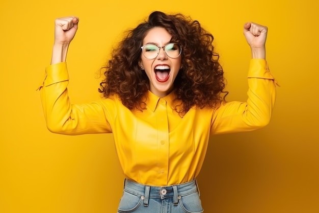 Foto foto di una donna allegra e gioiosa vestita in abiti eleganti che celebra il successo alza le mani i pugni isolati su uno sfondo di colore giallo