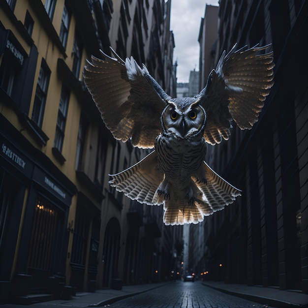 Photo of an owl in flight over a city skyline