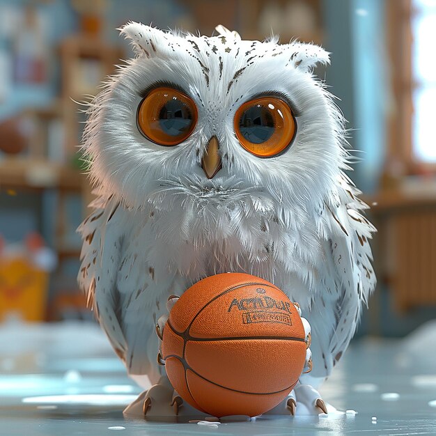 a photo of owl holding sports ball in hand