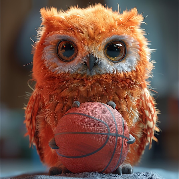 a photo of owl holding sports ball in hand