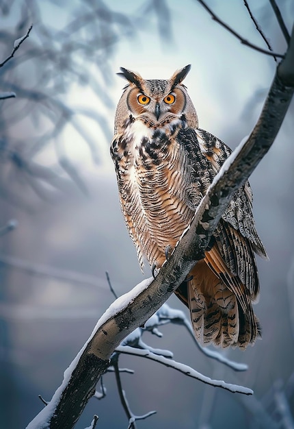 Photo photo of an owl sits on a snow covered branch in the snow at night or evening