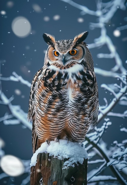 Photo of an owl sits on a snow covered branch in the snow at night or evening