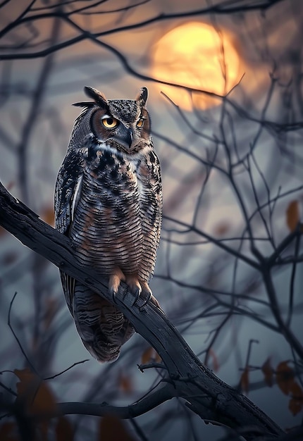Photo of an owl sits on a snow covered branch in the snow at night or evening