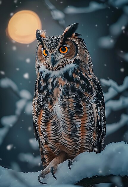 Photo photo of an owl sits on a snow covered branch in the snow at night or evening