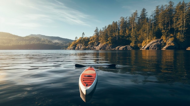 A photo of a paddleboard on a calm lake