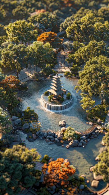 A photo of a pagoda in a Japanese garden with a water feature and trees