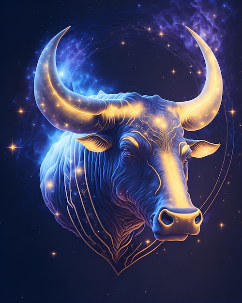 Photo of a painting of a bull's head on a dark background created AI