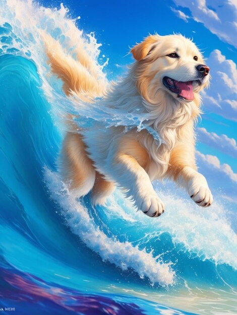 Photo a painting of a dog riding a wave