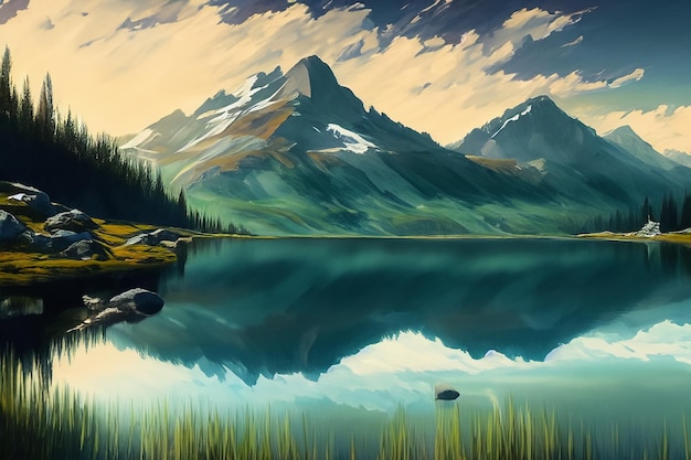 Foto un dipinto fotografico di un lago di montagna con una montagna sullo sfondo