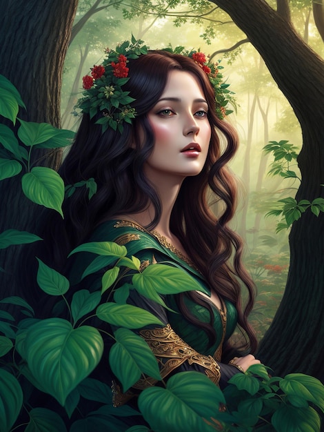 Photo A painting of a woman surrounded by trees