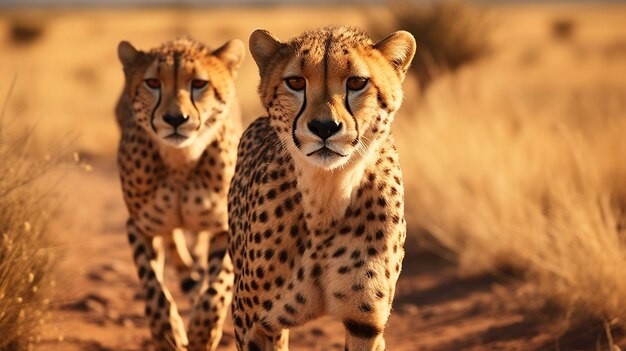 A photo of a pair of cheetahs on the prowl