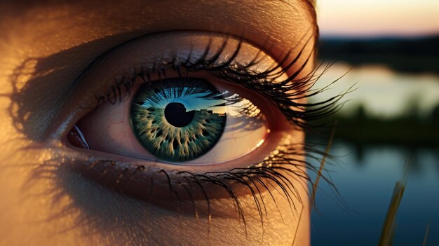 A photo of a pair of hazel eyes with a lake backdrop