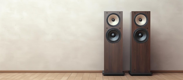 Photo of a pair of speakers on a sleek hardwood floor with ample space for your creative needs