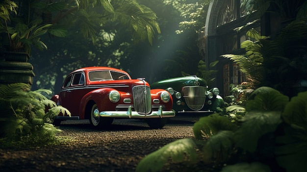 A photo of a pair of vehicles against a background forest