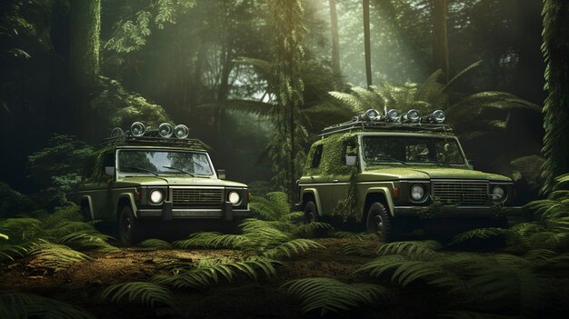 A photo of a pair of vehicles against a background forest