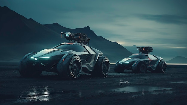 A photo of a pair of vehicles in a futuristic a