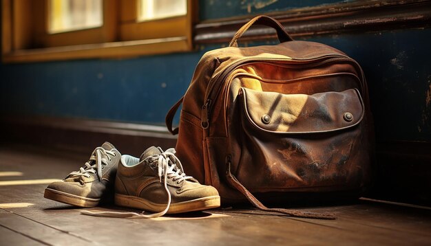 Photo a photo of a pair of wornout child's shoes beside a schoolbag