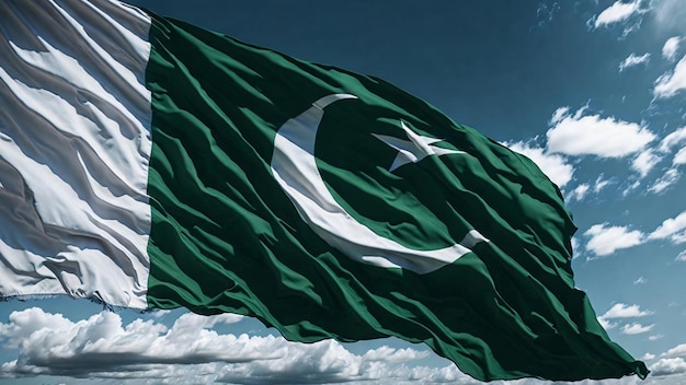 Photo of a Pakistani flag in waving in the sky cloud in the background