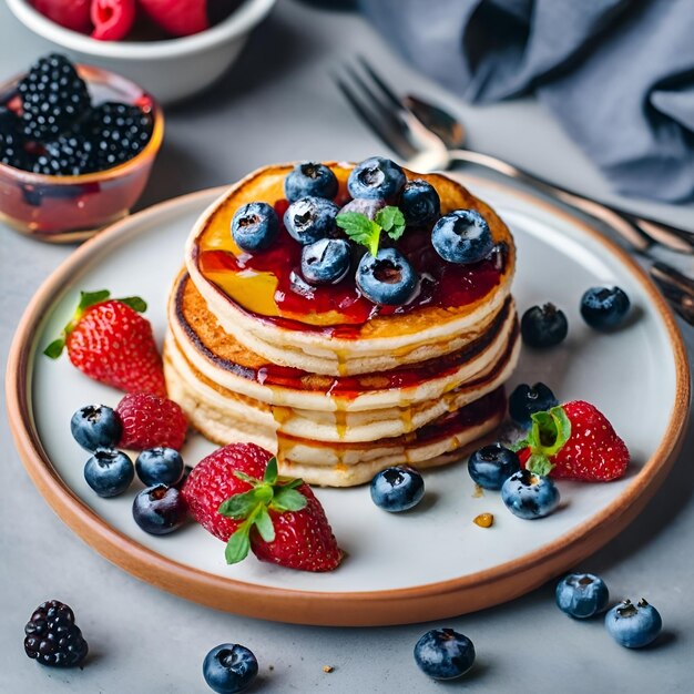 Foto pancake a foto con fragole e cioccolato decorati con foglia di menta