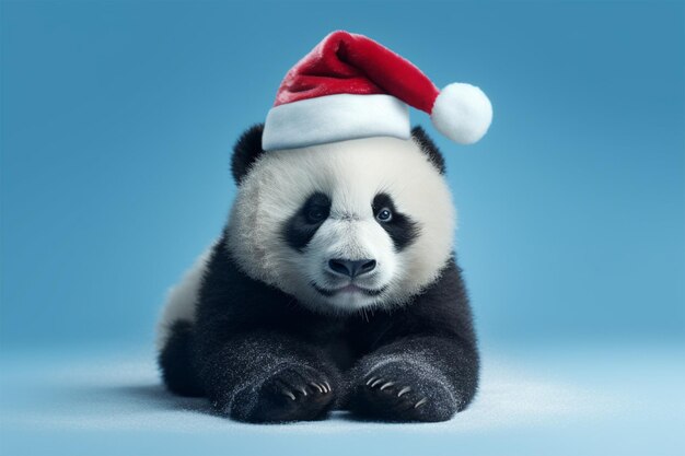 photo of panda wearing santa hat