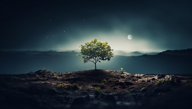 写真 写真 パノラマ 太陽が昇るにつれて成長する小さな木