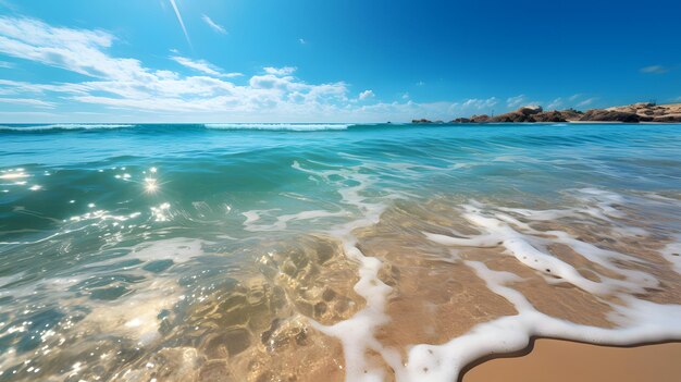 Фотография райского пляжа с голубым небом и белыми облаками