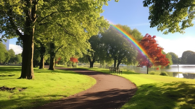 A photo of a park with a rainbow lush foliage