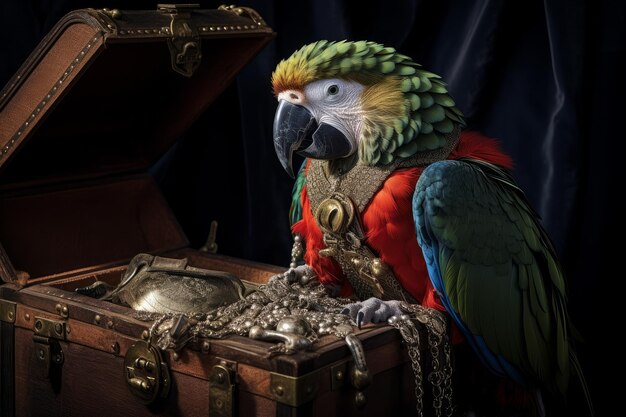 Photo photo of a parrot in a pirate costume guarding a mini treasure chest generative ai