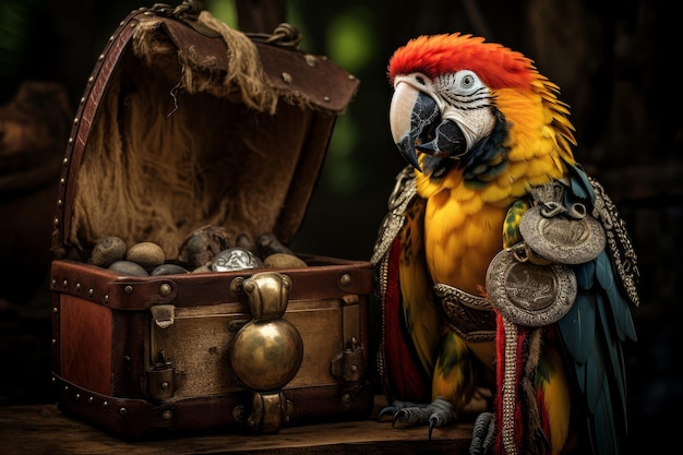 Photo of a parrot in a pirate costume guarding a mini treasure chest Generative AI