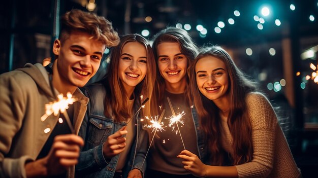 photo of Party with friends Group of cheerful young people carrying sparklers and champagne flutes