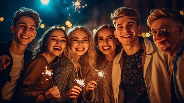 友人とのパーティーの写真線香花火とシャンパン フルートを運ぶ陽気な若者のグループ