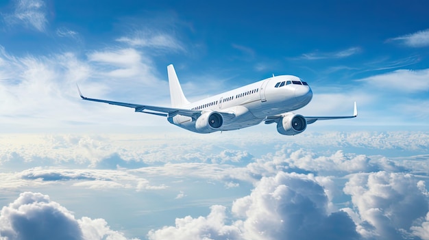 A photo of a passenger airplane flying in the sky with clouds in the daytime