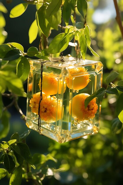 Photo of passion fruit in a glass box dodecahedron with delicate silk decor scene beauty natural