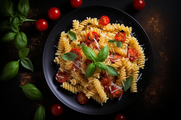 Photo pasta with tomatoes and basil on a gray background