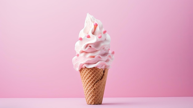 A photo of a pastel pink ice cream cone against a pink wall soft studio lighting