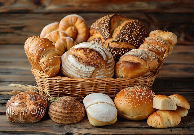 Фото ассортимента выпечки разнообразие хлеба и пекарных продуктов выпечка корзины пищи верхний вид