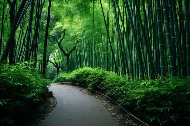 Photo photo of path winding through a dense bamboo forest