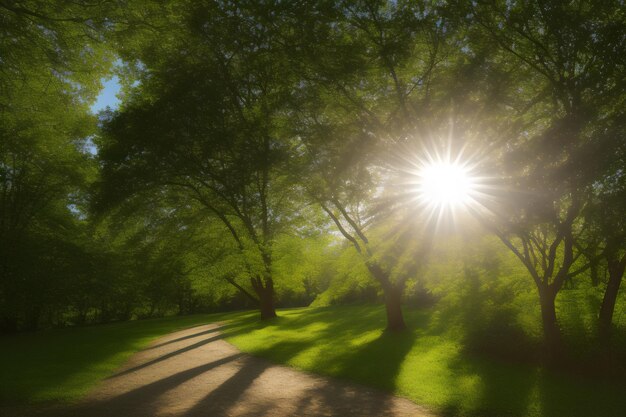 나뭇가지 사이로 햇빛이 비치는 푸른 잎이 있는 나무 한가운데 있는 사진 통로