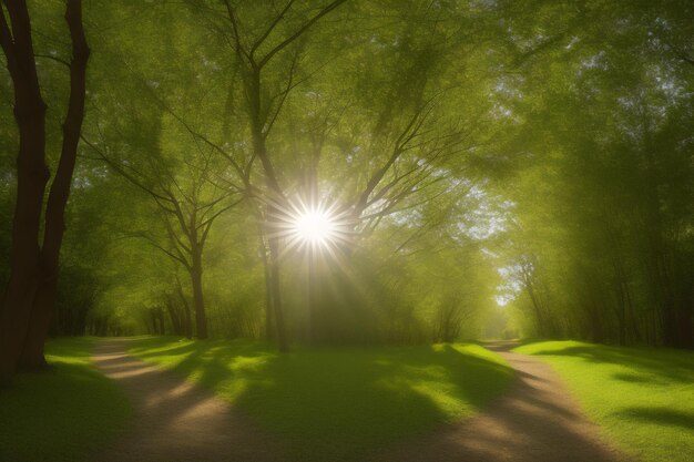 Photo pathway in the middle of the green leafed trees with the sun shining through the branches