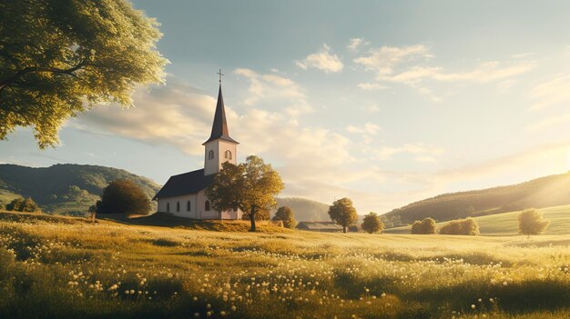 A photo of a peaceful countryside scene with a country yard