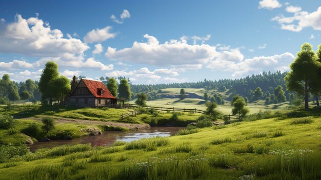 A photo of a peaceful countryside setting with a cottage