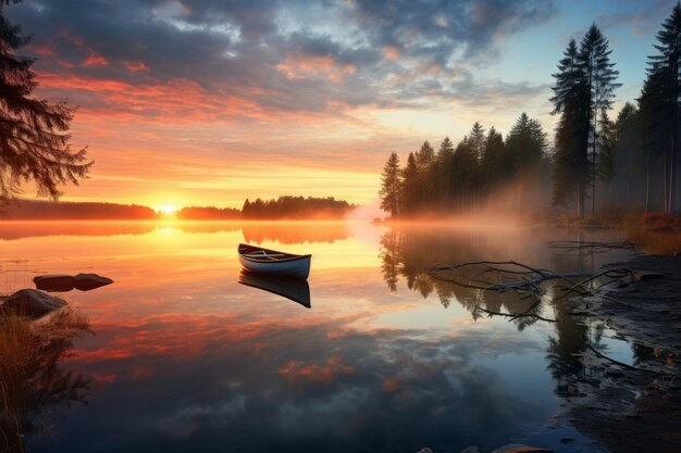 Photo of a peaceful lakeside scene at sunrise Generative AI