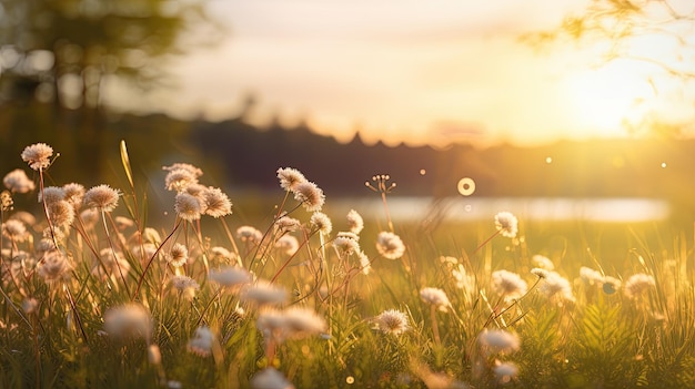 A photo of a peaceful meadow golden hour backdrop