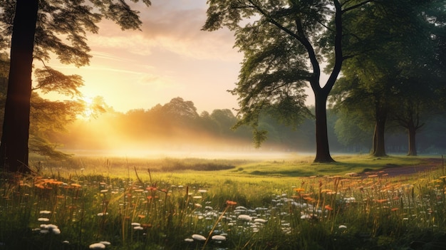 A photo of a peaceful meadow golden hour light