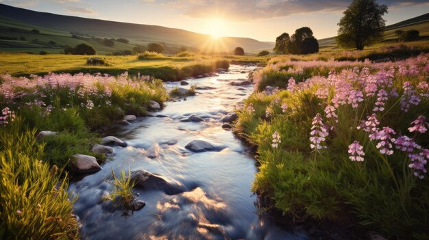 Photo a photo of a peaceful meadow with a bubbling stream soft afternoon light