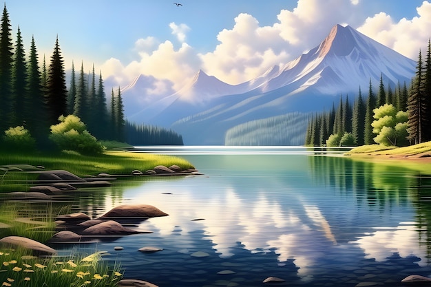 Photo a photo of peaceful nature landscape with mountain lake in background under soft sunlight