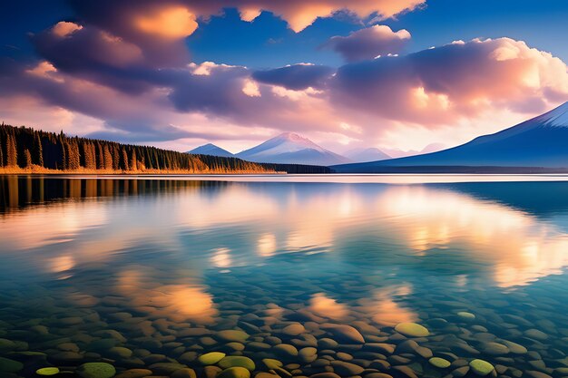 A photo of peaceful nature landscape with mountain lake in background under soft sunlight